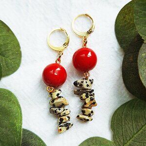 Coral & Jasper Crystal Earrings, Artsy Statement Earrings, Maximalist Boho